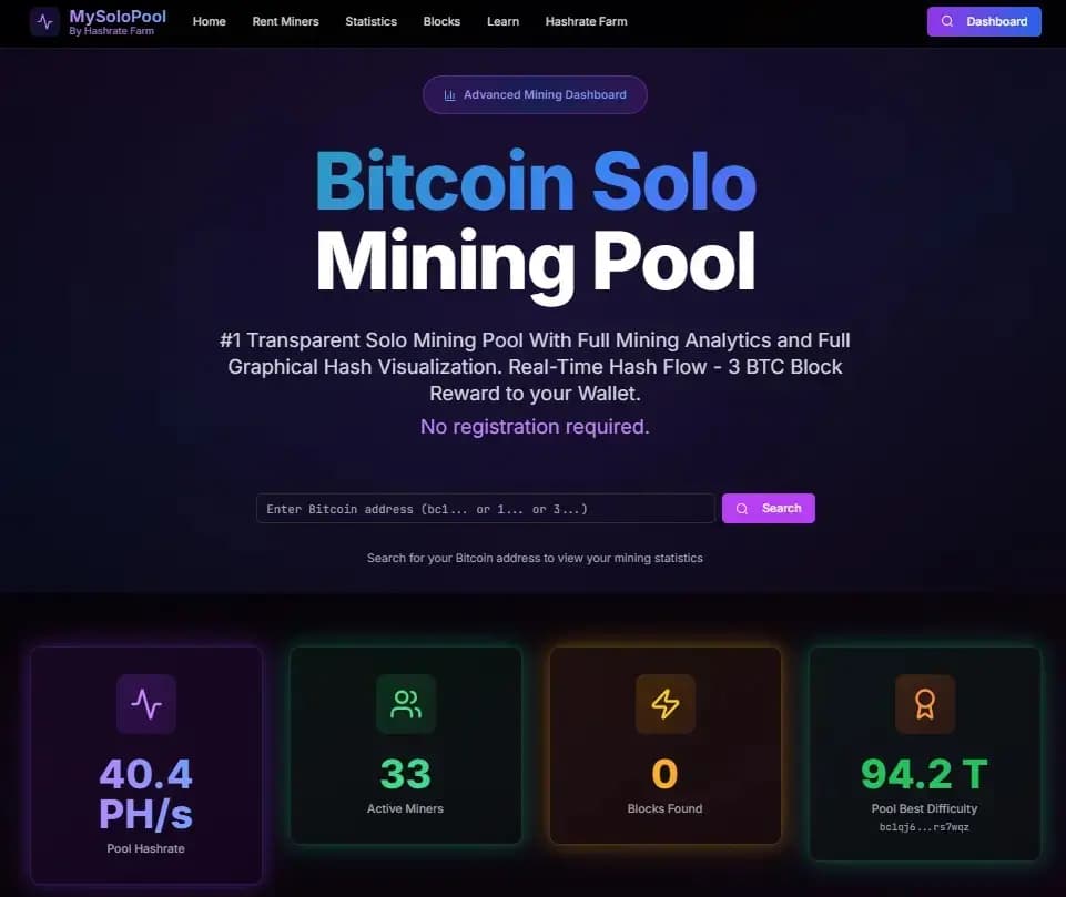 Best Bitcoin Solo Mining Pool 2026 — comparison dashboard showing CKPool, SoloPool.org, ViaBTC, Public-Pool, and MySoloPool 